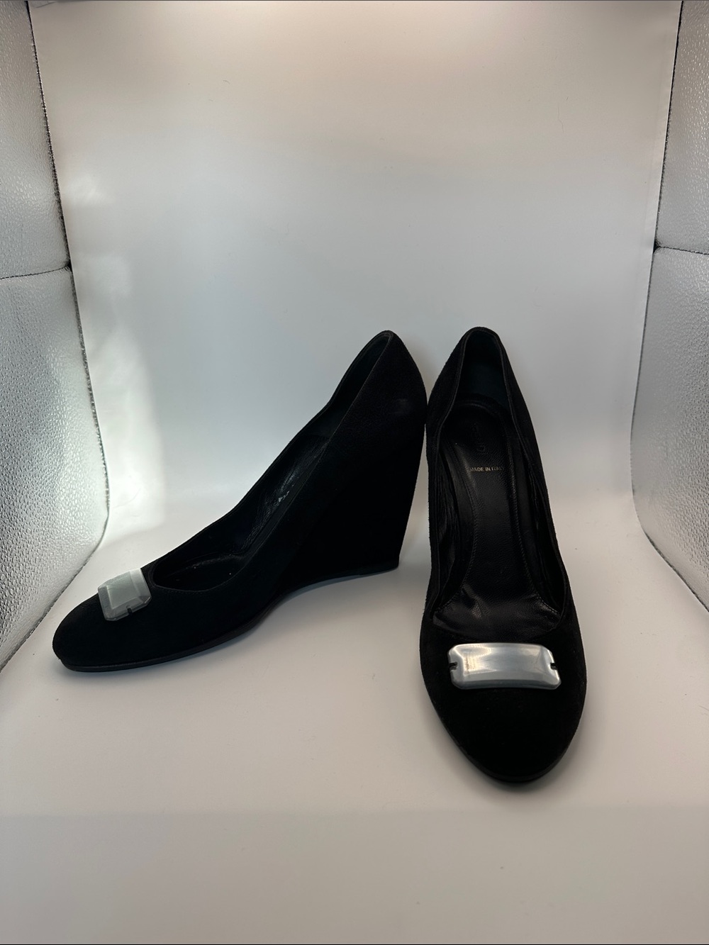 Fendi Black Suede Wedge Pumps with Mirrored Accent